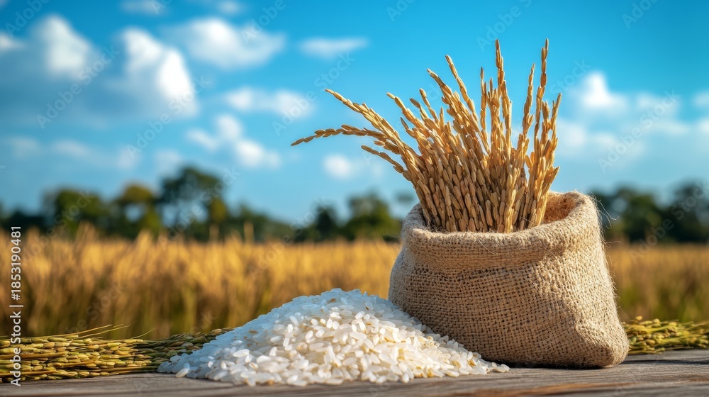 Fototapeta premium Two bags filled with grains are placed on a wooden surface outdoors.