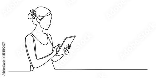 Single line art illustration depicting a young woman interacting with a digital tablet device Vector, illustration