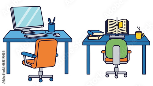 Vibrant vector illustration showcasing diverse home office setups, ideal for remote work, focused study, or online learning, emphasizing comfort and productivity in modern personal workspaces