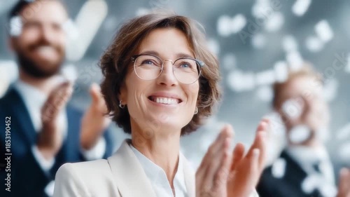Wallpaper Mural Triumphant Cheers: A captivating image capturing a moment of triumph as colleagues applaud a smiling woman, expressing congratulations. Torontodigital.ca