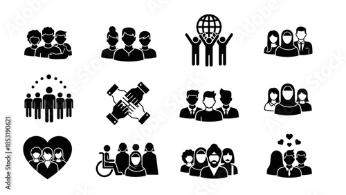 Comprehensive collection of diverse community and teamwork vector icons, symbolizing global unity, collaborative efforts, and social inclusion for modern digital design projects