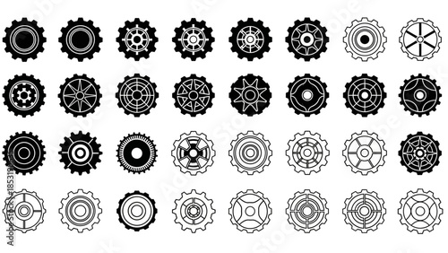 Extensive collection of modern gear and cogwheel vector icons, featuring diverse mechanical symbols for technology, industry, and engineering design applications