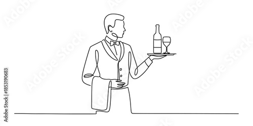 Continuous line drawing of a waiter serving wine and holding a tray in a minimalist style Vector, illustration