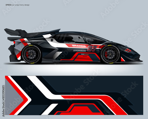 A futuristic black and red racing wrap featuring technical patterns and sharp contrasts for a powerful track presence.