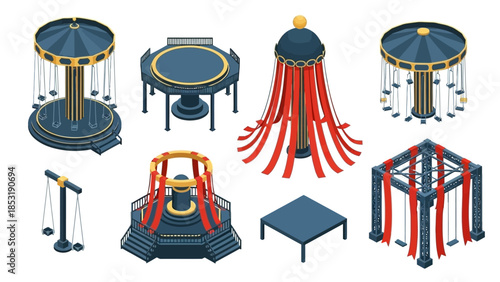 Collection of amusement park rides and attractions in isometric view on white background