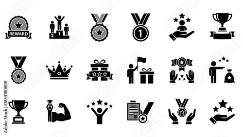 Comprehensive collection of achievement and success icons, perfect for representing rewards, recognition, and victorious milestones in various business and personal contexts