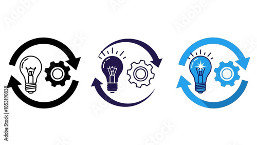 Concept and process illustration of idea generation and implementation with cycles and gears icons