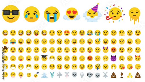 Vast collection of yellow emoji icons in flat design, depicting diverse emotions, reactions, and popular symbols for digital communication