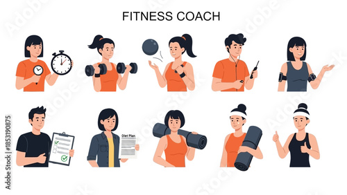Dynamic vector collection showcasing diverse cartoon characters representing personal trainers, fitness instructors, and individuals engaged in various exercise routines 