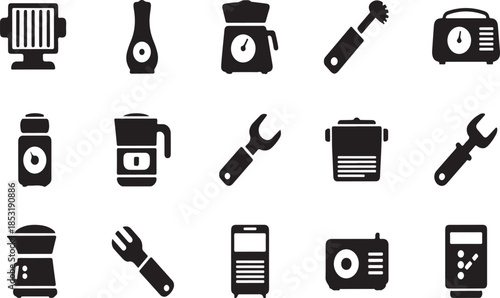 Black and white of household and kitchen appliances and tools