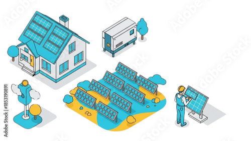 Solar Energy Systems and Renewable Power Infrastructure Isometric Set