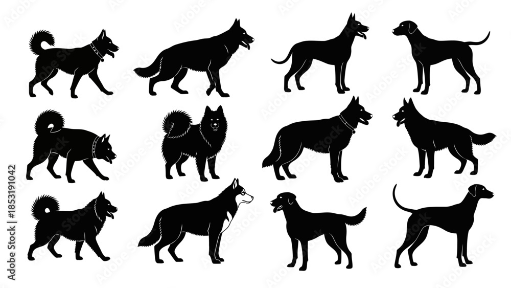 Fototapeta premium Collection of Canine Silhouettes - Various Breeds and Poses of Dogs