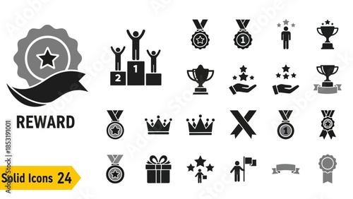 Collection of solid icons representing rewards, achievements, and success, including trophies, medals, and podiums