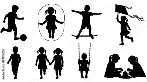 Collection of Silhouette Icons Representing Children Engaged in Various Recreational Activities and Playful Pursuits