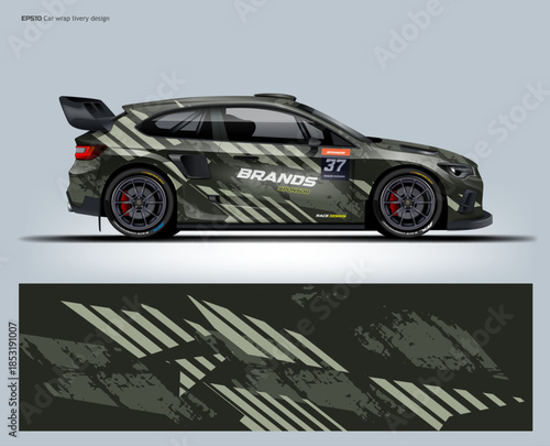 A military-inspired green racing wrap with dark tones and sharp accents, delivering a stealthy and tactical motorsport look.