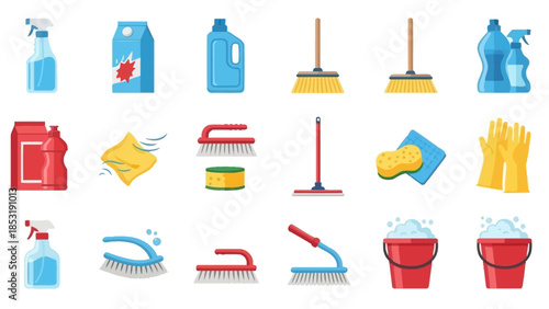 Collection of household cleaning supplies and tools, including brushes, mops, buckets, sponges, gloves, and spray bottles for a spotless home