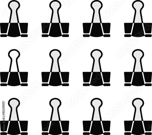 Minimalist black and white binder clip icons neatly arranged in a grid for office supplies