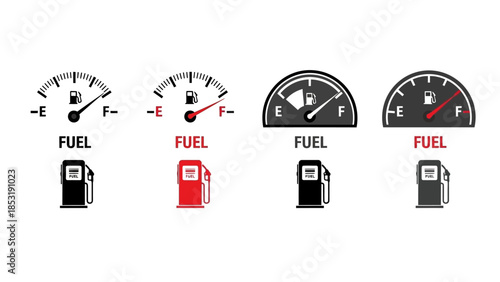 Collection of fuel gauge icons and gas pump symbols illustrating fuel levels and service stations