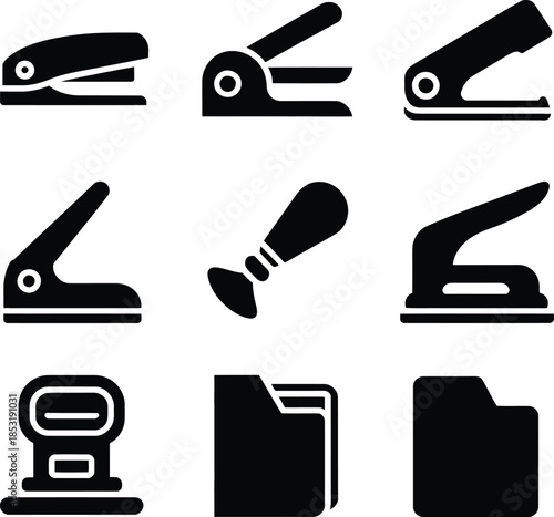 Essential office supplies and stationery icons featuring various punchers, stamp, and folders