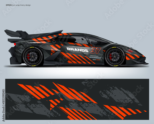 An aggressive black GT racing wrap with bold orange diagonal stripes, designed to emphasize speed, power, and modern motorsport aesthetics.