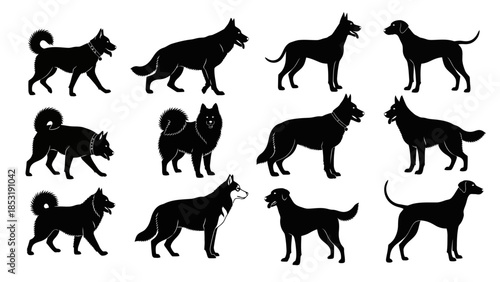 Collection of Canine Silhouettes - Various Breeds and Poses of Dogs