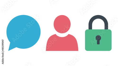 Security icons in flat design with simple shapes and bold colors on white background for user interface
