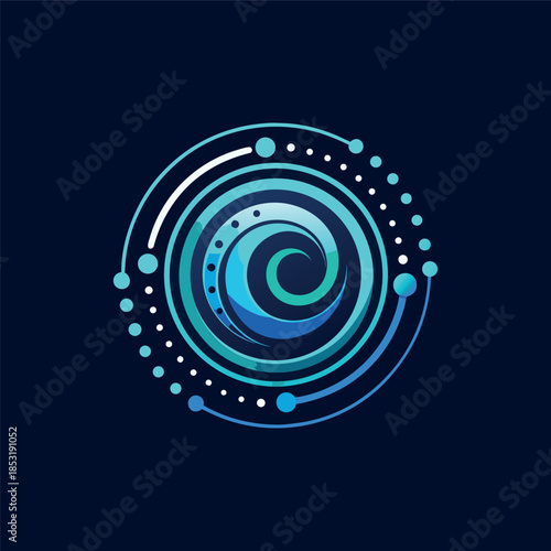 Abstract blue spiral made of glowing circular lines and dots on a dark navy background, modern futuristic tech style