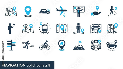 Solid navigation and travel icons set for digital maps, location services, and transport applications, illustrating routes, destinations, and journey planning