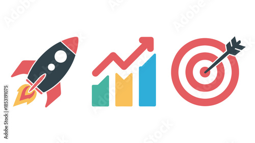 Business growth success target with rising graph chart and rocket launch in flat design on white background for marketing