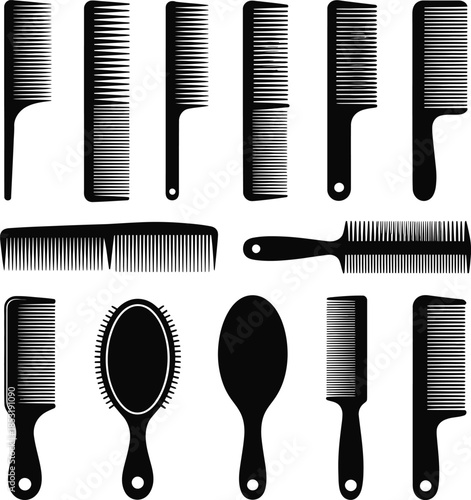 A diverse collection of essential hair grooming tools featuring various combs and brushes in silhouette