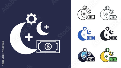 Nighttime financial growth icon with moon, stars, and money, representing overnight investment success and accumulation