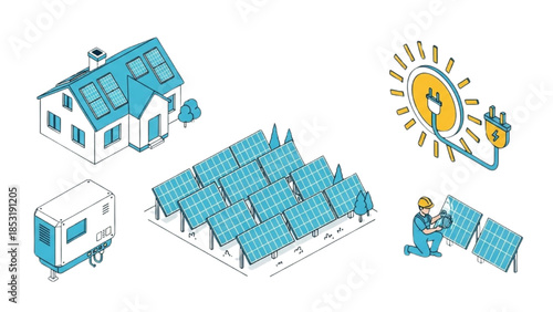 Solar Energy and Renewable Green Power Systems Set on White Background