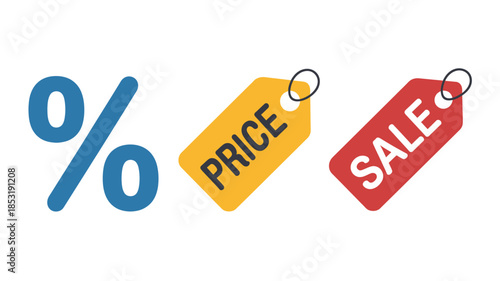 Price tags with sale percentage in colorful illustration on white background for e-commerce marketing
