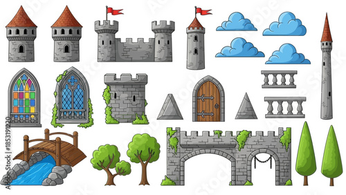 Collection of medieval fantasy castle elements and landscape assets for game design and illustration