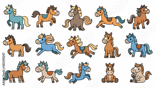 Cute Cartoon Horses Collection Various Breeds and Poses, Vector Illustrations