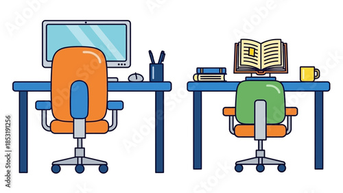 Two desks with computer and open book, office or study setup