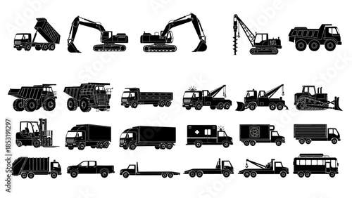 Extensive collection of black silhouette vector icons featuring various heavy construction vehicles, industrial machinery, and transportation trucks,