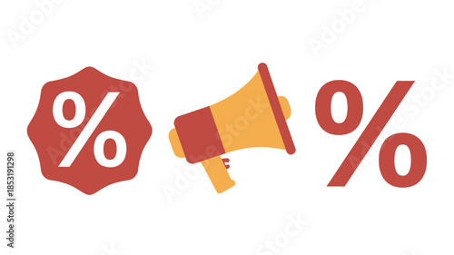Discount Megaphone Announcement in Red and Yellow with Percentage Symbols for Marketing Promotion
