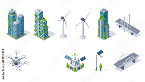 Solar Energy and Renewable Green Power Systems Set on White Background