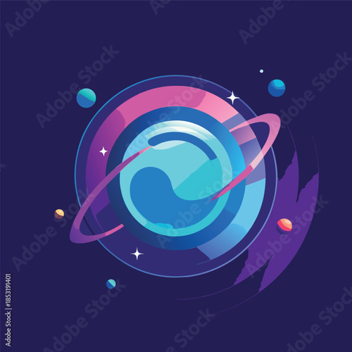 Abstract blue spiral made of glowing circular lines and dots on a dark navy background, modern futuristic tech style
