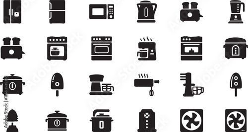 Black and white of various kitchen appliances and tools