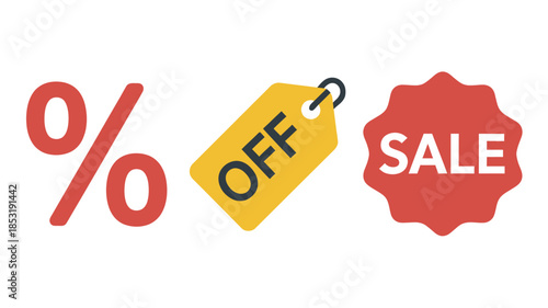 Discount Sale Sign with Percentage Off Tag in Red and Yellow Color on White Background for E-commerce