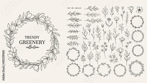 Elegant Hand-Sketched Floral Wreath and Branch Collection for Botanical Illustrations, Wedding Invitations, and Nature-Inspired Designs