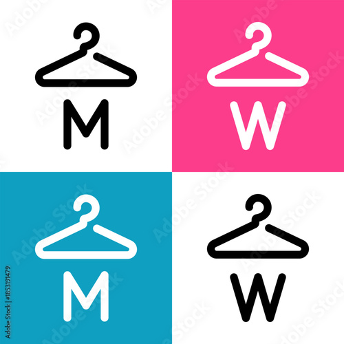 Wardrobe or cloakroom icon showing hanger with male and female symbols. Outline vector illustration for changing room, dressing area, locker room in colourful background.
