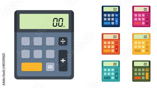 Vibrant Set of Flat Design Calculator Icons in Multiple Colors, Ideal for Business, Finance, and Educational Technology Applications, Representing Modern Mathematical Tools