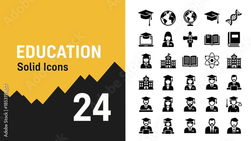 Collection of 24 solid icons representing the concept of education and learning, ideal for digital and print media