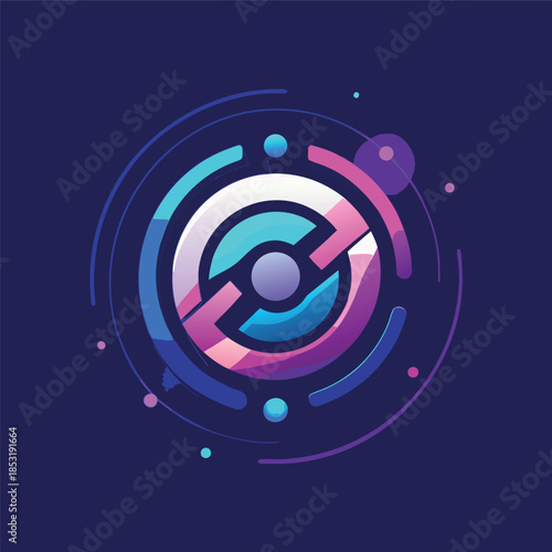 Abstract blue spiral made of glowing circular lines and dots on a dark navy background, modern futuristic tech style