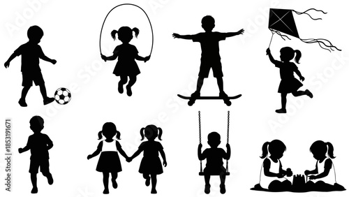Collection of Silhouettes Depicting Children Engaging in Various Recreational Activities and Games