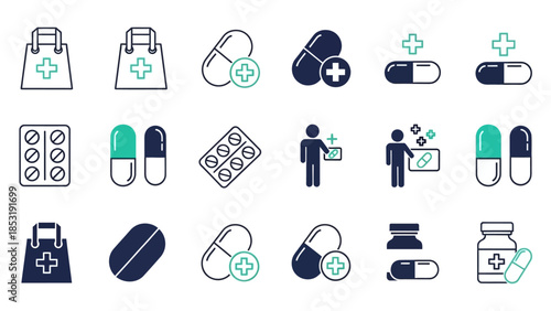 Collection of medical icons representing healthcare, pharmacy, and medication