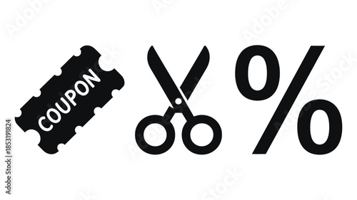 Discount Coupon with Scissors Cutting Percentage Symbol in Simple Black Silhouette on White Background for Sale Promotion